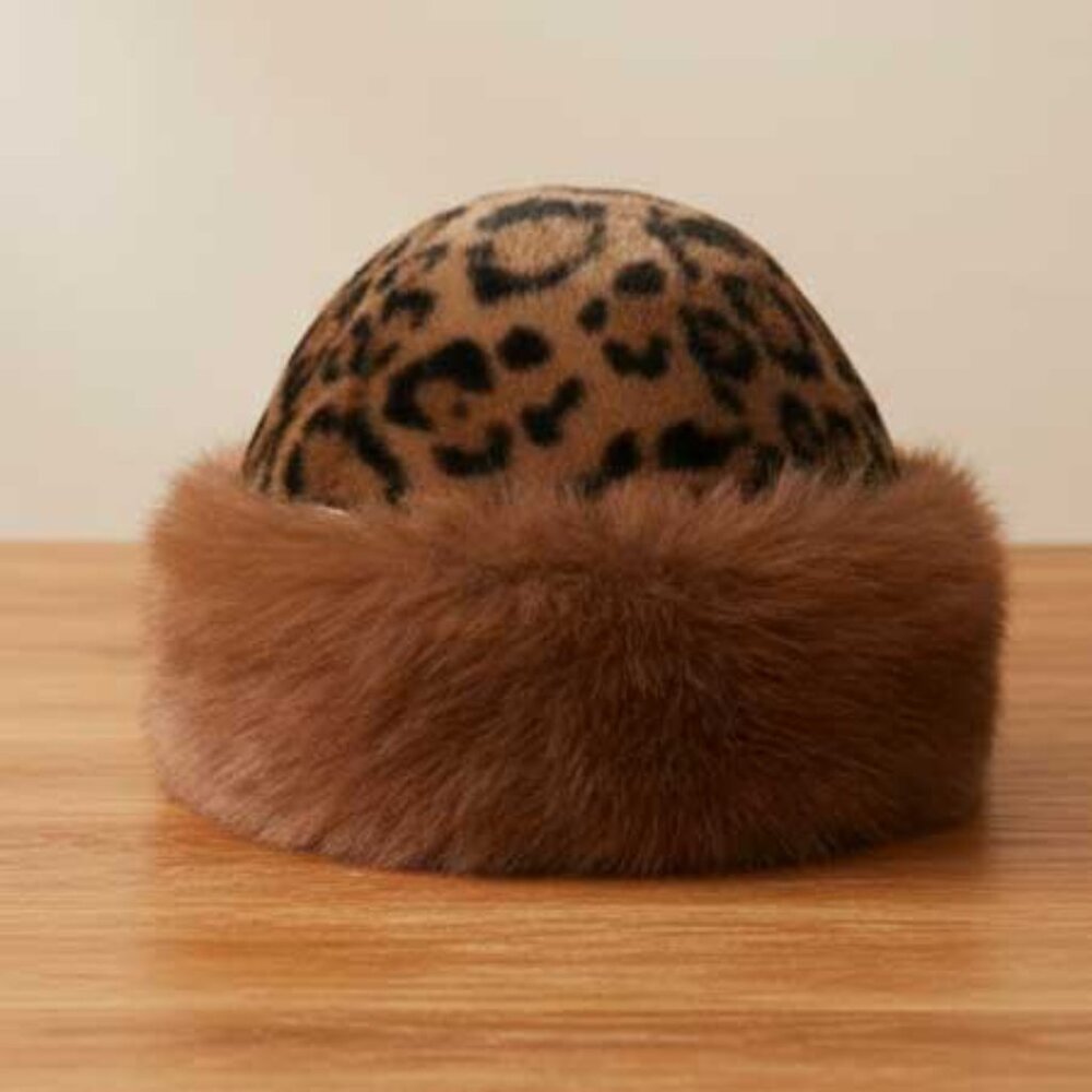 Leopard Print Faux Fur Cuffed Beanie Hat - Brown